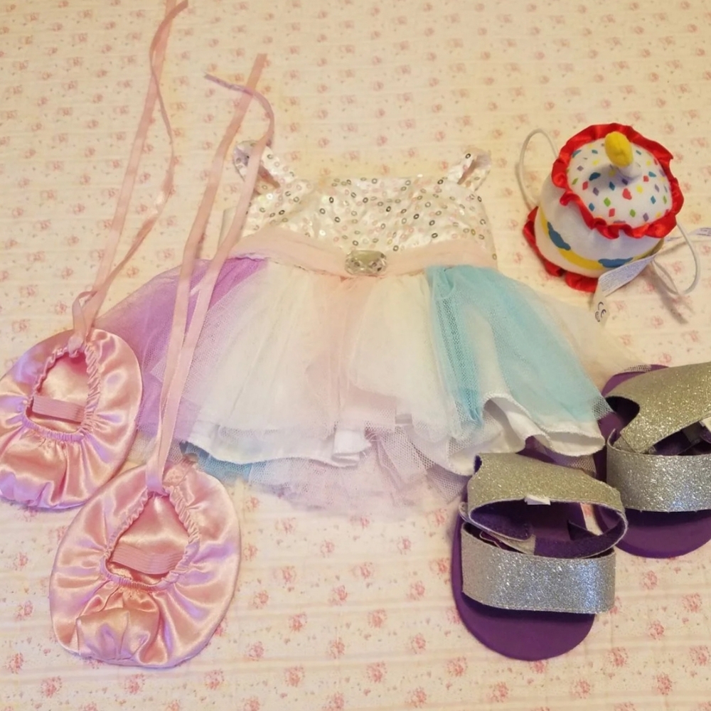 Build a Bear 6 Piece Lot Girl Clothes Dress 2 Pr Shoes & Light Up Birthday Cake